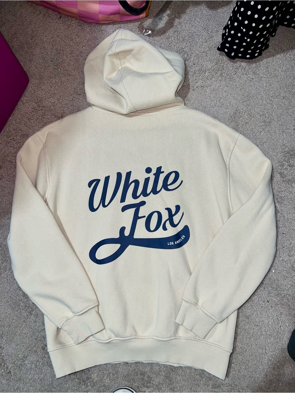 White Fox Boutique Cream Hoodie with Navy Logo